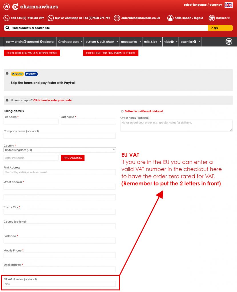 VAT & Shipping Costs Chainsawbars